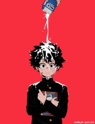 Rule 34 | 1boy, aged down, artist name, bandaid, bandaid on cheek, bandaid on face, black eyes, black hair, boku no hero academia, book, bullying, closed mouth, commentary, evelyn art 05, freckles, frown, green hair, highres, holding, holding book, holding carton, long sleeves, looking at viewer, male focus, midoriya izuku, milk, milk carton, hugging object, red background, school uniform, short hair, simple background, solo focus, spilling, upper body, wet, wet clothes, wet hair