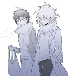Rule 34 | 2boys, absurdres, bag, breath, casual, coat, commentary request, cowboy shot, danganronpa (series), danganronpa 2: goodbye despair, denim, hand in pocket, highres, hinata hajime, holding, holding bag, jacket, jeans, komaeda nagito, long sleeves, lower teeth only, male focus, messy hair, monochrome, multiple boys, open clothes, open coat, open mouth, pants, scarf, shirt, short hair, teeth, ziling