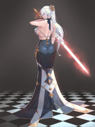 Rule 34 | 1girl, absurdres, ass, backless dress, backless outfit, blue dress, blue eyes, breasts, checkered floor, dress, from behind, full body, highres, holding, holding sword, holding weapon, large breasts, long dress, long hair, multicolored clothes, multicolored dress, original, ponytail, sidelocks, solo, standing, sword, un lim, weapon, white dress, white hair