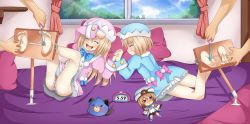 Rule 34 | 10s, 2boys, 2girls, absurdres, ass, barefoot, bed, blanc, blanc (neptunia), blue eyes, blush, bound ankles, breasts, brown hair, closed eyes, coat, dogoo, dress, feet, flat chest, tickling feet, hat, highres, holding hands, indoors, laughing, long hair, lying, multiple boys, multiple girls, neptune (series), open mouth, panties, pillow, planeptune, ram (neptunia), rom (neptunia), short hair, siblings, sisters, small breasts, smile, soles, striped clothes, striped panties, stuffed animal, stuffed toy, tickling, toes, twins, underwear, wavy mouth, winter clothes, winter coat