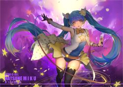 Rule 34 | 1girl, armband, asymmetrical gloves, belt, black thighhighs, bow, cleavage cutout, clothing cutout, facial mark, facial tattoo, female focus, flower, gloves, hair flower, hair ornament, halloween, hatsune miku, headphones, heart, heart-shaped pupils, holding, long hair, looking at viewer, magic, magic circle, microphone, open mouth, orange bow, orange neckwear, single glove, sleeveless, smile, solo, sparkle, standing, star (symbol), star print, sunshine (1638509769), symbol-shaped pupils, tattoo, thighhighs, twintails, uneven gloves, vocaloid, wire, yellow flower