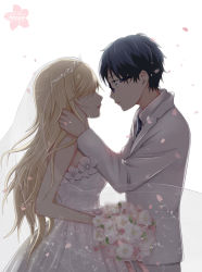 Rule 34 | 10s, 1boy, 1girl, arima kousei, artist name, beamed quavers, black hair, blonde hair, blue eyes, bouquet, bridal veil, bride, couple, crying, dress, flower, formal, glasses, good end, hair over eyes, hand on another&#039;s face, hetero, hidden eyes, highres, imminent kiss, lips, long hair, looking at another, miyazono kawori, musical note, necktie, petals, quaver, red lips, sanaa, see-through, shigatsu wa kimi no uso, short hair, simple background, suit, tears, tiara, veil, wedding, wedding dress, white background, white dress, white suit