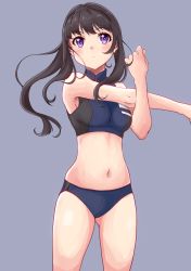 Rule 34 | 1girl, bare arms, bare legs, bare shoulders, black hair, breasts, closed mouth, cowboy shot, gluteal fold, highres, inoue takina, light blush, long hair, lycoris recoil, medium breasts, midriff, mono9ron, navel, ponytail, purple eyes, sidelocks, simple background, sleeveless, solo, sports bra, sportswear, stretching, swept bangs, two-tone sports bra