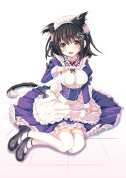 Rule 34 | 10s, 1girl, alternate costume, animal ears, apron, black footwear, black hair, blush, bow, breasts, brown eyes, cat ears, cat tail, dress, frills, full body, haguro (kancolle), hair bow, hair ornament, kantai collection, kemonomimi mode, long sleeves, looking at viewer, maid headdress, on floor, open mouth, over-kneehighs, purple dress, shoes, short hair, simple background, solo, sumisuzu, tail, thighhighs, tile floor, tiles, waist apron, white apron, white background, white thighhighs