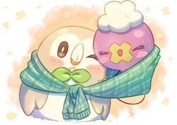 Rule 34 | blush stickers, bright pupils, brown eyes, closed mouth, commentary request, creatures (company), drifloon, facing viewer, game freak, gen 4 pokemon, gen 7 pokemon, green scarf, happy, highres, mokukitusui, nintendo, no humans, one eye closed, pokemon, pokemon (creature), rowlet, scarf, shared clothes, shared scarf, white pupils