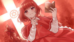 Rule 34 | 1girl, book, bow, braid, capelet, closed mouth, cross, finger to own chin, glowing cross, hexagram, holding, holding book, light blush, long sleeves, looking at viewer, milll 77, okazaki yumemi, open book, red capelet, red eyes, red hair, single braid, smug, solo, star of david, touhou, touhou (pc-98), upper body