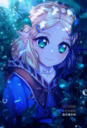 1girl aqua_eyes artist_name blonde_hair blush braid brown_hood by_mirin clip_studio_paint_(medium) closed_mouth commentary crown_braid deviantart_logo english_commentary hair_ornament hairclip highres hood hood_down instagram_logo looking_at_viewer medium_hair nature night nintendo outdoors pointy_ears princess_zelda rain smile solo the_legend_of_zelda the_legend_of_zelda:_breath_of_the_wild twitter_logo upper_body vkontakte_logo water_drop youtube_logo