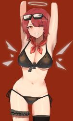 Rule 34 | 1girl, 360 (taiyo360), absurdres, arknights, armpits, arms up, bikini, black bikini, black thighhighs, cowboy shot, exusiai (arknights), female focus, grin, halo, highres, looking at viewer, navel, one eye closed, orange eyes, red background, red hair, short hair, simple background, single thighhigh, smile, solo, standing, stomach, swimsuit, thighhighs, thighs, upper body