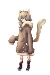 Rule 34 | 1girl, animal ears, bad id, bad pixiv id, blush, brown coat, brown hair, cat ears, cat tail, coat, full body, fur trim, green eyes, highres, long sleeves, looking at viewer, open mouth, oversized clothes, piyopiyomaru8823, shoes, socks, solo, standing, tail, zipper