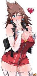 Rule 34 | 1girl, bare shoulders, blue eyes, blush, breasts, brown hair, cleavage, cowboy shot, detached sleeves, dress, earrings, eyes visible through hair, facing viewer, heart, highres, jacket, jewelry, kingdom hearts, large breasts, lightsource, lipstick, long hair, looking at viewer, makeup, mature female, microdress, one eye closed, parted lips, red dress, revealing clothes, simple background, skin tight, skindentation, solo, sora&#039;s mother (kingdom hearts), spiked hair, standing, thighhighs, vest, white background, white sleeves, wink, zettai ryouiki, zipper legwear, zipper pull tab
