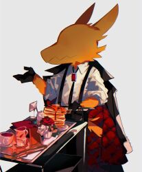 Rule 34 | 1boy, a hat in time, black gloves, cake, conductor (a hat in time), food, gloves, highres, horns, mixing table, nasubeen, pancake, reptilian, shirt, spikes, table, tea, white shirt