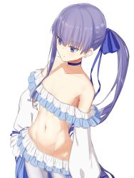 Rule 34 | 1girl, asymmetrical hair, bare shoulders, bikini, blue eyes, blue ribbon, breasts, choker, collarbone, earrings, elfenlied22, fate/grand order, fate (series), frilled bikini, frills, hair between eyes, hair ribbon, highres, jewelry, long hair, long sleeves, looking to the side, meltryllis, meltryllis (fate), meltryllis (swimsuit lancer) (fate), meltryllis (swimsuit lancer) (third ascension) (fate), navel, pantyhose, puffy sleeves, purple hair, ribbon, side ponytail, simple background, small breasts, smile, solo, swimsuit, thighs, very long hair, white background, white pantyhose