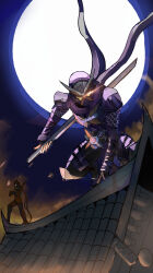Rule 34 | 2boys, absurdres, architecture, armor, driver (kamen rider), east asian architecture, glaring, glowing, glowing eyes, highres, holding, holding sword, holding weapon, kamen rider, kamen rider hattari, kamen rider shinobi, kamen rider zi-o (series), looking back, magett, male focus, multiple boys, night, night sky, ninja, orange armor, purple armor, purple scarf, rider belt, scarf, shuriken, sky, solo focus, squatting, sword, tokusatsu, weapon, yellow eyes