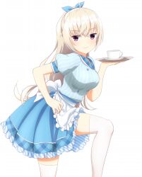 Rule 34 | &gt;:), 1girl, ahoge, akizuki kanna, apron, blue ribbon, blue shirt, blue skirt, blush, breasts, cafe stella to shinigami no chou, closed mouth, commentary, cowboy shot, crossed bangs, cup, frilled skirt, frills, hair between eyes, hair ribbon, hand on own hip, hand up, holding, holding tray, komatsu (sakanae), large breasts, light brown hair, long hair, looking at viewer, official alternate costume, official alternate hairstyle, pleated skirt, puffy short sleeves, puffy sleeves, purple eyes, ribbon, shirt, short sleeves, simple background, skirt, smile, smug, solo, striped clothes, striped shirt, teacup, thighhighs, tray, v-shaped eyebrows, vertical-striped clothes, vertical-striped shirt, very long hair, waist apron, waitress, white apron, white background, white thighhighs, zettai ryouiki