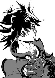 Rule 34 | 1boy, absurdres, black hair, facial mark, facial tattoo, fudo yusei, gloves, greyscale, high collar, highres, jacket, looking at viewer, looking back, male focus, marking on cheek, monochrome, open clothes, open jacket, parted lips, reaching, reaching towards viewer, screentones, shirt, short hair, shoulder pads, simple background, solo, spiked hair, tattoo, upper body, youko-shima, yu-gi-oh!, yu-gi-oh! 5d&#039;s