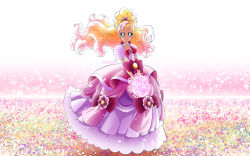 Rule 34 | 1girl, absurdres, blonde hair, blue eyes, bouquet, bow, brooch, closed mouth, cure flora, cure flora (mode elegant), dress, dress bow, earrings, floating hair, flower, flower earrings, flower necklace, full body, go! princess precure, gradient hair, hair ornament, haruno haruka, highres, holding, holding bouquet, jewelry, layered dress, long hair, looking at viewer, magical girl, multicolored background, multicolored hair, necklace, pink bow, pink dress, pink hair, precure, puffy sleeves, rona67, smile, solo, split mouth, standing, streaked hair, twitter username, two-tone hair, waist bow, waist brooch