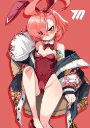 Rule 34 | 1girl, ahoge, angry, animal ears, bandaid, bandaid on knee, bandaid on leg, bare legs, black jacket, blue archive, bow, bowtie, braid, breasts, cameltoe, cleft of venus, commentary request, covered navel, detached collar, fake animal ears, flat chest, floral print, hair between eyes, highres, huge ahoge, jacket, legs, leotard, looking at viewer, mole, mole under eye, nada haruka, neru (blue archive), neru (bunny) (blue archive), playboy bunny, print jacket, rabbit ears, red background, red bow, red bowtie, red eyes, red hair, sharp teeth, simple background, single braid, sitting, small breasts, solo, teeth, traditional bowtie
