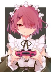 Rule 34 | 1girl, black background, black bow, black ribbon, black sleeves, border, bow, breasts, cleavage, closed mouth, controller, detached collar, detached sleeves, eyes visible through hair, flower, game controller, hair flower, hair ornament, hair ribbon, head wreath, highres, holding, holding controller, holding game controller, long sleeves, neck ribbon, outside border, pink hair, purple ribbon, ram (re:zero), re:zero kara hajimeru isekai seikatsu, ribbon, roswaal mansion maid uniform, short hair, small breasts, solo, upper body, v-shaped eyebrows, white border, white bow, white flower, x hair ornament, yasehattagi