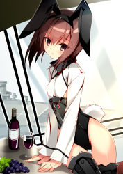 Rule 34 | 10s, 1girl, adapted costume, alcohol, animal ears, bad id, bad pixiv id, bottle, bow (weapon), brown eyes, brown hair, crossbow, cup, drinking glass, fake animal ears, flat chest, food, fruit, grapes, hairband, headband, headgear, kantai collection, kobayashi chisato, leotard, playboy bunny, rabbit ears, rabbit tail, short hair, sketch, solo, taihou (kancolle), tail, weapon, window, wine, wine bottle, wine glass