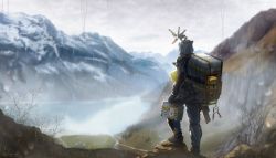 Rule 34 | 1boy, backpack, bag, briefcase, cloud, cloudy sky, death stranding, from behind, full body, highres, holding, holding briefcase, jumpsuit, lake, male focus, mountain, mountainous horizon, odradek, outdoors, rain, sam porter bridges, scenery, sky, solo, standing, valley, weyowang