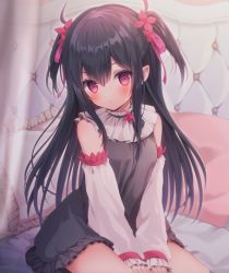 Rule 34 | 1girl, arms behind back, bare shoulders, black dress, black hair, blush, closed mouth, commission, cowboy shot, detached sleeves, dress, hair between eyes, hair ribbon, long hair, long sleeves, looking at viewer, nufucha, original, pillow, pink ribbon, pixiv commission, pointy ears, red eyes, ribbon, sitting, solo, twintails, white sleeves