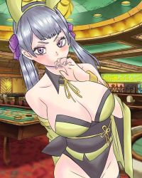 Rule 34 | 1girl, bare shoulders, black clover, blush, breasts, casino, guolfeich, hair ornament, large breasts, leotard, long hair, noelle silva, playboy bunny, purple eyes, rabbit, rabbit ears, rabbit hair ornament, short hair, strapless, strapless leotard, tagme, twintails
