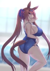 Rule 34 | 1girl, animal ears, blue one-piece swimsuit, blurry, blurry background, bow, breasts, brown hair, competition school swimsuit, competition swimsuit, cowboy shot, daiwa scarlet (umamusume), depth of field, fang, from side, hair bow, hair intakes, half-closed eyes, hand under clothes, hand under swimsuit, highres, horse ears, horse girl, horse tail, indoors, jifuwabe, large breasts, long hair, looking at viewer, looking to the side, one-piece swimsuit, open mouth, ponytail, pool, red eyes, school swimsuit, sideboob, sideways glance, skin fang, solo, swimsuit, tail, thighs, tiara, twintails, umamusume, very long hair, water, wide hips