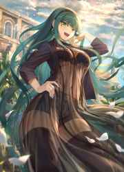Rule 34 | 1girl, belt, black bra, black footwear, black jacket, black shorts, blue sky, blush, boots, bra, breasts, cleopatra (fate), contemporary, covered navel, earrings, eye of horus, fate/grand order, fate (series), green eyes, green hair, hairband, hand on own hip, highres, hoop earrings, jacket, jewelry, large breasts, long hair, long sleeves, looking at viewer, mashuu (neko no oyashiro), open clothes, open jacket, open mouth, palm tree, petals, see-through, short shorts, shorts, sky, smile, solo, sunlight, thigh boots, thighhighs, thighs, tree, underwear, very long hair