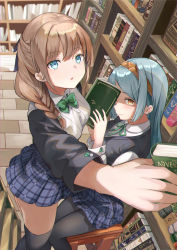 Rule 34 | 2girls, black jacket, black legwear, black vest, blue eyes, blue hair, blue skirt, book, bookshelf, bow, bowtie, braid, breasts, brown eyes, brown hair, brown hairband, closed mouth, collared shirt, dress shirt, green ribbon, hair over shoulder, hairband, highres, holding, holding book, indoors, jacket, long hair, medium breasts, mosta (lo1777789), multiple girls, neck ribbon, original, pantyhose, parted bangs, parted lips, plaid, plaid skirt, pleated skirt, reaching, reaching towards viewer, ribbon, shirt, single braid, sitting, skirt, smile, standing, thighhighs, vest, white shirt