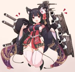 Rule 34 | 1girl, animal ear fluff, animal ears, azur lane, black footwear, black hair, black kimono, breasts, brown background, cat ears, cat mask, commentary request, fang, fox shadow puppet, full body, highres, japanese clothes, karukan (monjya), kimono, large breasts, long sleeves, looking at viewer, machinery, mask, mask on head, open mouth, panties, red eyes, short kimono, simple background, solo, thighhighs, underwear, white panties, white thighhighs, wide sleeves, yamashiro (azur lane)
