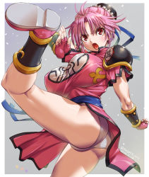 Rule 34 | 1girl, amania orz, armor, ass, breasts, bun cover, chinese clothes, dragon quest, dragon quest dai no daibouken, fingerless gloves, flying kick, gloves, kicking, large breasts, maam, panties, pantyshot, pauldrons, pink hair, red eyes, shoulder armor, single pauldron, solo, square enix, underwear, vambraces