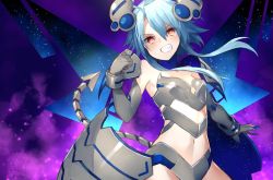 Rule 34 | 1girl, bare shoulders, blue hair, buran buta, clenched hand, demon tail, elbow gloves, gloves, grin, highres, looking at viewer, mechanical tail, midriff, navel, nepnep connect: chaos chanpuru, neptune (series), power symbol, power symbol-shaped pupils, red eyes, short hair with long locks, smile, solo, symbol-shaped pupils, tail, tattoo, white heart (chaos form), wings