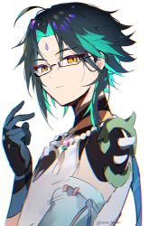 Rule 34 | 1boy, absurdres, aqua hair, azna, bead necklace, beads, bespectacled, black hair, closed mouth, facial mark, forehead mark, genshin impact, glasses, gloves, highres, jewelry, looking at viewer, male focus, necklace, simple background, solo, twitter username, upper body, white background, xiao (genshin impact), yellow eyes