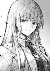 Rule 34 | 1girl, blue eyes, blue theme, closed mouth, collared shirt, commentary request, greyscale, highres, jacket, jormungand (manga), koko hekmatyar, long hair, looking at viewer, monochrome, monogrbl, necktie, portrait, shirt, smile, solo, spot color, striped necktie