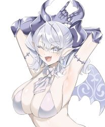 Rule 34 | 1girl, armpits, arms up, breasts, cleavage, demon girl, demon horns, demon wings, duel monster, grey eyes, highres, horns, large breasts, lovely labrynth of the silver castle, low wings, pointy ears, smile, solo, synchroman, twintails, white hair, wings, yu-gi-oh!