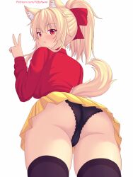 Rule 34 | 1girl, animal ears, artist name, ass, black panties, black thighhighs, blonde hair, closed mouth, clothing cutout, commentary, english commentary, from behind, from below, hair between eyes, highres, lace, lace-trimmed panties, lace trim, long hair, long sleeves, looking at viewer, looking back, nottytiffy, original, panties, pout, red eyes, red sweater, simple background, solo, sweater, tail, tail through clothes, thighhighs, tiffy (nottytiffy), underwear, white background