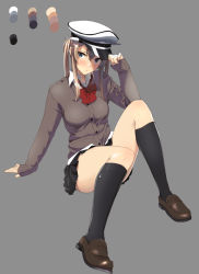 Rule 34 | 10s, 1girl, adjusting clothes, adjusting headwear, alternate costume, black socks, blonde hair, blue eyes, blush, bow, bowtie, cardigan, color guide, eight tohyama, full body, graf zeppelin (kancolle), grey background, hat, kantai collection, kneehighs, loafers, long sleeves, peaked cap, pleated skirt, shoes, sitting, skirt, socks, solo, twintails