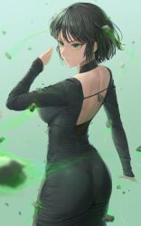 Rule 34 | 1girl, absurdres, ano (gccx8784), ass, backless dress, backless outfit, black dress, black hair, breasts, commentary, dress, fubuki (one-punch man), green eyes, highres, large breasts, long sleeves, one-punch man, parted lips, psychic, short hair, solo, telekinesis, tight clothes, tight dress