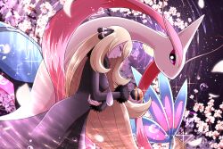Rule 34 | 1girl, blonde hair, cherry blossoms, closed mouth, coat, commentary request, creatures (company), cynthia (pokemon), from side, fur-trimmed coat, fur trim, game freak, gen 3 pokemon, grey eyes, hair ornament, holding, holding poke ball, long hair, long sleeves, luxury ball, maiko (mimi), milotic, nintendo, poke ball, pokemon, pokemon (creature), pokemon dppt, ripples, smile