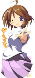Rule 34 | 1girl, ;d, ahoge, arcueid brunestud, brown hair, cosplay, folded ponytail, komaki manaka, long skirt, mizoguchi keiji, one eye closed, open mouth, outstretched arm, pleated skirt, purple skirt, simple background, skirt, smile, solo, sweater, to heart (series), to heart 2, tsukihime, w, white background