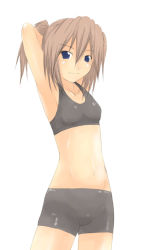 Rule 34 | 1girl, armpits, arms behind head, arms up, bike shorts, blue eyes, brown hair, cowboy shot, female focus, midriff, navel, onibi (foxhound4185), simple background, solo, spandex, sports bra, stretching, white background