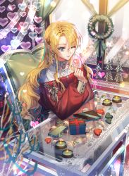 Rule 34 | 1girl, blonde hair, blue eyes, chair, gift, hair ornament, hairclip, heart, indoors, jewelry, long hair, long sleeves, looking at viewer, necklace, official art, one eye closed, parted bangs, sid story, sila (carpen), sitting, table, very long hair, window, wreath
