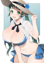 Rule 34 | 1girl, alternate breast size, alternate hairstyle, bikini, blue bikini, blush, breasts, brown hat, cleavage, collared shirt, commission, flower, green eyes, green hair, hat, hat flower, highres, huge breasts, irako (kancolle), kantai collection, long hair, looking at viewer, open mouth, shirt, short sleeves, simple background, skeb commission, solo, swimsuit, toriniku senshi chikinman, twintails, white shirt