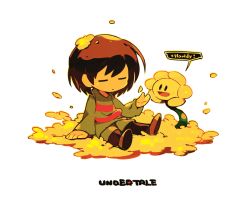 Rule 34 | = =, androgynous, arm up, brown hair, closed eyes, copyright name, english text, flower, flowey (undertale), frisk (undertale), gender request, looking at another, looking down, other focus, shirt, short hair, simple background, sitting, striped clothes, striped shirt, tetori, undertale, white background