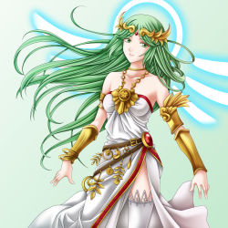 Rule 34 | 1girl, bare shoulders, breasts, choker, circlet, crown, green eyes, green hair, highres, jewelry, kid icarus, kid icarus uprising, legs, long hair, lots of jewelry, matching hair/eyes, neck ring, necklace, nintendo, palutena, single thighhigh, solo, tamamon, thighhighs, thighs, vambraces, very long hair, white thighhighs