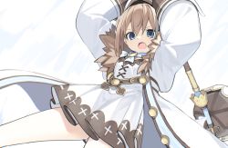 Rule 34 | 1girl, blanc (neptunia), blue eyes, brown hair, buran buta, coat, dress, flat chest, fur trim, hair between eyes, hammer, hat, highres, holding, holding hammer, looking at viewer, neptune (series), open mouth, short hair, simple background, solo, white background, white dress