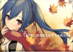 Rule 34 | 1girl, artist name, assault lily, autumn leaves, black gloves, blue hair, brown eyes, closed mouth, commentary request, falling leaves, fingerless gloves, floating hair, floating scarf, french text, from side, gloves, gradient background, hair between eyes, hair ribbon, hand to own mouth, hand up, happy birthday, hotaru (ultraroly poly), ishikawa aoi, jacket, leaf, light smile, long hair, looking at viewer, looking to the side, maple leaf, portrait, red ribbon, red scarf, ribbon, scarf, side ponytail, solo, white background, white jacket, yellow background
