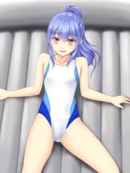 Rule 34 | 1girl, alternate costume, alternate hairstyle, blue hair, competition swimsuit, cowboy shot, hinanawi tenshi, inflatable raft, isaki (gomi), long hair, lying, on back, one-piece swimsuit, ponytail, red eyes, solo, swimsuit, touhou, white one-piece swimsuit