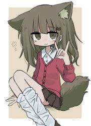 Rule 34 | 1girl, animal ear fluff, animal ears, border, brown eyes, brown hair, brown skirt, buttons, cardigan, cat hair ornament, closed mouth, collared shirt, feet out of frame, fox ears, fox girl, fox shadow puppet, fox tail, hair ornament, hand up, highres, kanikan, kneehighs, long hair, long sleeves, looking at viewer, loose socks, miniskirt, original, outside border, pleated skirt, red cardigan, shirt, simple background, sitting, skirt, socks, solo, tail, white border, white shirt, white socks