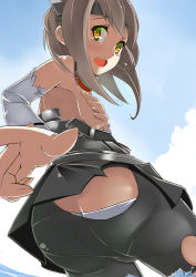 Rule 34 | 10s, 1girl, bike shorts, blush, brown eyes, brown hair, cloud, covering privates, covering breasts, crying, crying with eyes open, day, headband, highres, kantai collection, looking back, onikiri, personification, short hair, sky, taihou (kancolle), tears, torn bike shorts, torn clothes